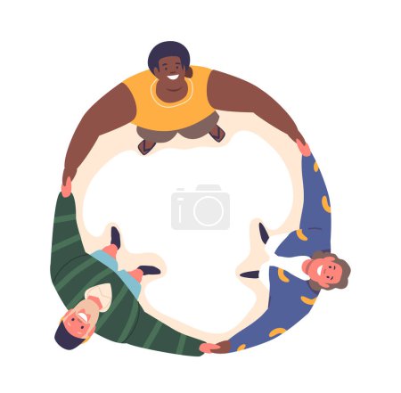 Illustration for Circle Of Diverse International Male Characters Standing, Arms Wrapped Around Each Other, Forming A Close-knit Bond Of Togetherness And Affection, View From Above. Cartoon People Vector Illustration - Royalty Free Image