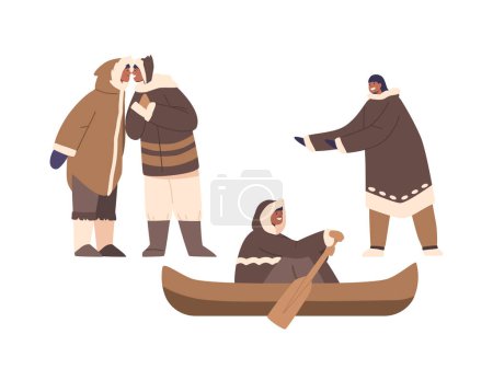 Illustration for Isolated Eskimo Characters Riding Boat, Greeting each other with Nose-to-nose Touch, Gesturing. Inuit People Lifestyle Scenes and Resilient Cultural Heritage Traditions. Cartoon Vector Illustration - Royalty Free Image