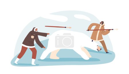 Illustration for Eskimo Hunter Characters, Indigenous To The Arctic, Hunt Polar Bears For Subsistence. They Use Teamwork, And Harpoons To Ensure Survival In Extreme Environment. Cartoon People Vector Illustration - Royalty Free Image