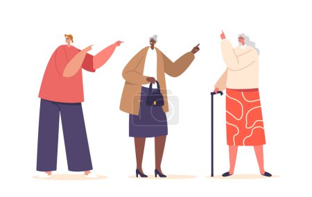 Illustration for Wise Senior Female Characters Pointing Gestures, Sharing A Wealth Of Knowledge. Their Experienced Fingers Guide, Teaching Lessons, Embodying A Lifetime Of Wisdom. Cartoon People Vector Illustration - Royalty Free Image