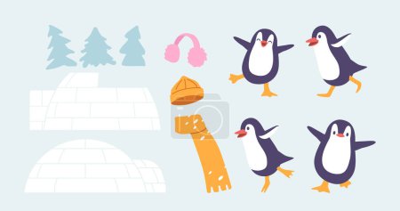 Illustration for Set of Cozy Warm Clothes, Hat, Scarf and Earmuffs, Cute Penguins Characters, Spruces and Igloo or Ice House and Building Isolated Elements on White Background. Cartoon People Vector Illustration - Royalty Free Image