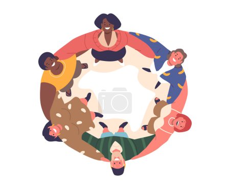 Menschen umarmen sich von oben. Eine Gruppe von Charakteren bildet einen engen Kreis, umarmt einander und schafft eine herzerwärmende Darstellung der Einheit und Verbindung von oben. Zeichentrickvektorillustration