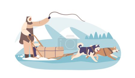 Ilustración de El carácter esquimal que guía a un perro se deslizó por el paisaje ártico, personificando el vínculo entre los seres humanos y sus leales compañeros caninos en un país de las maravillas de invierno. Dibujos animados Gente Vector Ilustración - Imagen libre de derechos