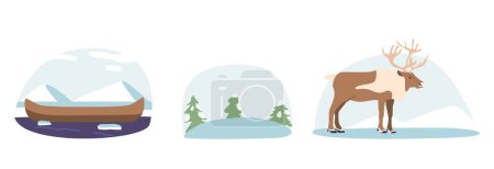 Ilustración de Elementos aislados con canoa esquimal, buque tradicional inuit hecho a mano con precisión, se desliza a través de aguas heladas. Paisaje nevado, y ciervo, animal resistente y agraciado. Ilustración de vectores de dibujos animados - Imagen libre de derechos