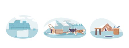 Téléchargez les illustrations : Éléments vectoriels isolés avec traîneau à chien esquimau, propulsé par des Huskies résilients, glisse à travers la toundra enneigée. Igloo, fabriqué à partir de blocs de glace, et la yourte offre chaleur et abri dans la nature sauvage de l'Arctique - en licence libre de droit