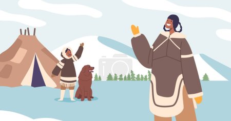 Ilustración de La madre esquimal y su hijito, envueltas en pieles calientes, se paran cerca de su yurta, agitando las manos con sonrisas que irradian amor y conexión en el paisaje ártico. Dibujos animados Gente Vector Ilustración - Imagen libre de derechos