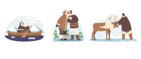 Ilustración de Personajes esquimales Barco a caballo, saludándose entre sí con toque nariz a nariz, acariciar los elementos aislados renos. Inuit People Escenas de estilo de vida del patrimonio cultural resiliente. Ilustración de vectores de dibujos animados - Imagen libre de derechos