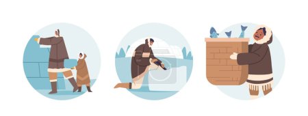 Téléchargez les illustrations : Des icônes rondes isolées ou des avatars de personnages esquimaux construisent des igloos, à l'aide de blocs de neige, pour créer un abri et pêcher dans des conditions arctiques difficiles. Illustration vectorielle des personnages de bande dessinée - en licence libre de droit