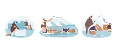 Ilustración de Los esquimales, o gente inuit, viven en el Ártico, confiando en la pesca de hielo, la caza, y la vida comunal. Personajes Paseos en trineo de perros, construcción de iglú, adaptarse a climas duros. Ilustración de vectores de dibujos animados - Imagen libre de derechos