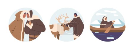 Illustration for Isolated Round Icons or Avatars of Eskimo Characters Riding Boat, Greeting each other with Nose-to-nose Touch, Caress Reindeer. Inuit People Lifestyle Scenes. Cartoon Vector Illustration - Royalty Free Image