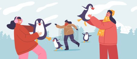 Illustration for Joyful Children Boys and Girls Characters Play Near An Igloo In A Winter Camp, Sharing Laughter And Warmth With Their Penguin Friends Amidst The Snowy Wonderland. Cartoon People Vector Illustration - Royalty Free Image