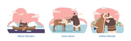 Illustration for Isolated Elements with Eskimo Characters Riding Canoe, Nosing, Caress Reindeer. Inuit People Lifestyle Scenes of Resilient Cultural Heritage and Traditions. Cartoon Vector Illustration - Royalty Free Image