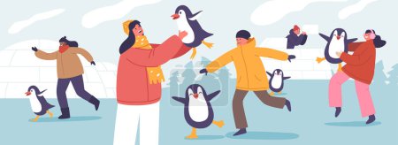 Illustration for Joyful Children Boys and Girls Characters Play Alongside Penguins In The Snowy Wonderland Near A Cozy Igloo. Heartwarming Scene Of Friendship And Arctic Adventure. Cartoon People Vector Illustration - Royalty Free Image