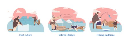 Ilustración de Elementos aislados con esquimales, o personajes inuit viven en el Ártico, dependiendo de la pesca en el hielo, la caza, el trineo de perros montados, la construcción de iglú, adaptarse a climas hostiles. Dibujos animados Gente Vector Ilustración - Imagen libre de derechos