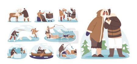 Illustration for Set of Eskimo Characters Lifestyle. Inuit People Sewing Fur Clothes, Contact with Deer, Riding Boat and Dog Sled, Hunting, Dance with Tambourine, Fishing, Building Igloo. Cartoon Vector Illustration - Royalty Free Image