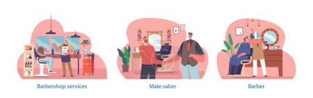 Illustration for Isolated Elements with Barber Characters Perform Grooming Services at Barbershop, Offer Haircuts, Shaves, Ensuring Client Feeling Refreshed And Looking the Best. Cartoon People Vector Illustration - Royalty Free Image