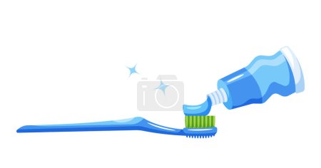 Illustration for Toothbrush With Paste Is A Vital Dental Tool. It Effectively Cleans Teeth And Removes Plaque When Combined With Toothpaste, Promoting Oral Hygiene And A Fresh Breath. Cartoon Vector Illustration - Royalty Free Image