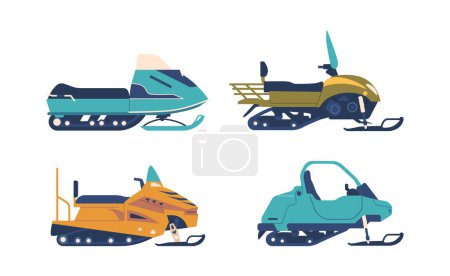 Illustration for Snowmobiles Are Motorized Vehicles For Winter Travel Over Snow And Ice, Feature Skis In The Front And A Caterpillar Track At The Rear For Mobility In Snowy Terrain. Cartoon Vector Illustration - Royalty Free Image