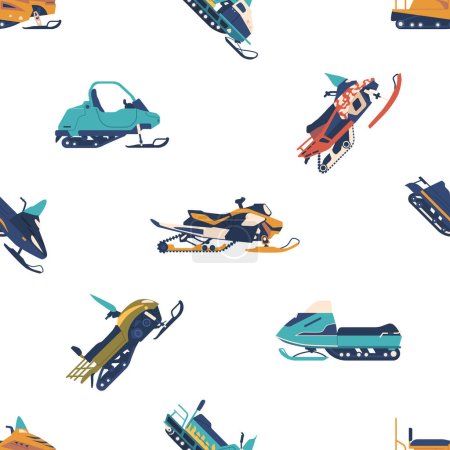 Illustration for Seamless Pattern Featuring Snowmobiles In A Winter Wonderland, Perfect For A Cozy And Adventurous Seasonal Design, Capturing The Thrill Of Snowy Rides. Cartoon Vector Illustration, Tile Background - Royalty Free Image