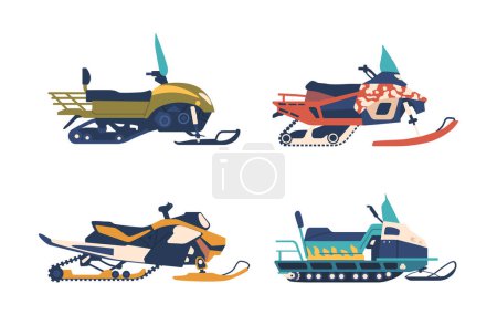 Illustration for Snowmobiles Are Motorized Vehicles Designed For Winter Travel Over Snow And Ice. These Versatile Machines Provide Access To Remote Areas And Offer Thrilling Recreational Experience In Snowy Landscapes - Royalty Free Image