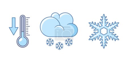 Illustration for Snowy Weather Forecast Icons Set. Collection Of Symbols Depicting Snowfall, Frost, Thermometer And Cold Winter Conditions. Informative And Visually Appealing Elements. Cartoon Vector Illustration - Royalty Free Image