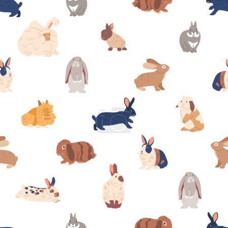 Illustration for Whimsical Seamless Pattern Featuring Adorable Rabbits. From Floppy Ears To Fluffy Tails, This Charming Design Captures Diversity And Cuteness Of Various Bunny Breeds. Cartoon Repeat Vector Background - Royalty Free Image