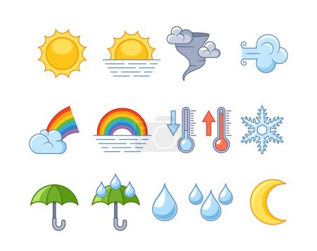 Ilustración de Pronóstico del tiempo Los iconos representan las condiciones atmosféricas. Los símbolos representan el sol, las nubes, la lluvia, la nieve y el arco iris, las tormentas eléctricas, la luna y la nieve, ayudando a los usuarios a planificar el día. Ilustración de vectores de dibujos animados - Imagen libre de derechos