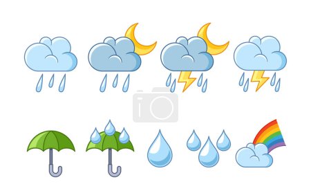 Ilustración de Pronóstico del tiempo lluvioso Iconos establecidos. Colección de símbolos que representan la lluvia, las duchas y las tormentas, diseñados para mantenerte preparado e informado durante las condiciones climáticas húmedas. Ilustración de vectores de dibujos animados - Imagen libre de derechos