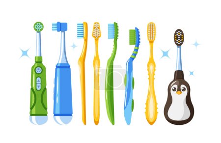 Illustration for Set of Toothbrushes. Manual, Electric, Bamboo, Travel, Child, Sonic, Interdental and Silicone Brushes for Everyday Teeth Care. Dental Essential Hygiene Items Collection. Cartoon Vector Illustration - Royalty Free Image