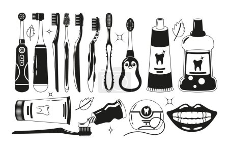 Illustration for Set of Black and White Oral Care Items, Includes Toothbrush, Toothpaste, Floss And Mouthwash For Refreshing, Healthy Smile Every Day. Isolated Monochrome Collection for Teeth Care. Vector Illustration - Royalty Free Image