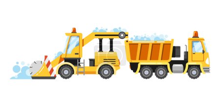 Ilustración de El cargador de nieve es una máquina de servicio pesado diseñada para limpiar la nieve de carreteras y áreas grandes. Utiliza una cucharada o un chorro para remover y reubicar la nieve de manera eficiente durante el invierno. Ilustración de vectores de dibujos animados - Imagen libre de derechos