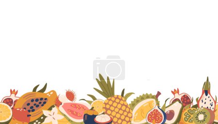 Ilustración de Patrón sin costura con deliciosas frutas tropicales. Las piñas jugosas, los mangos suculentos y la papaya picante crean un diseño refrescante de azulejos con sabor a paraíso. Frontera horizontal vectorial de dibujos animados, Papel pintado - Imagen libre de derechos