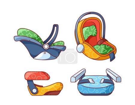 Ilustración de Ascensores y asientos para bebés, esenciales de seguridad para sus pequeños. Garantice viajes seguros con nuestra gama de asientos de automóvil diseñados para bebés, niños pequeños y niños. Ilustración de vectores de dibujos animados - Imagen libre de derechos