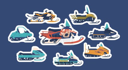 Illustration for Set of Stickers with Snowmobiles, Winter Machines For Snowy Adventures With Powerful Engines And Skis For Smooth Glides, Offer Thrilling Rides Through Snow-covered Landscapes. Cartoon Vector Patches - Royalty Free Image
