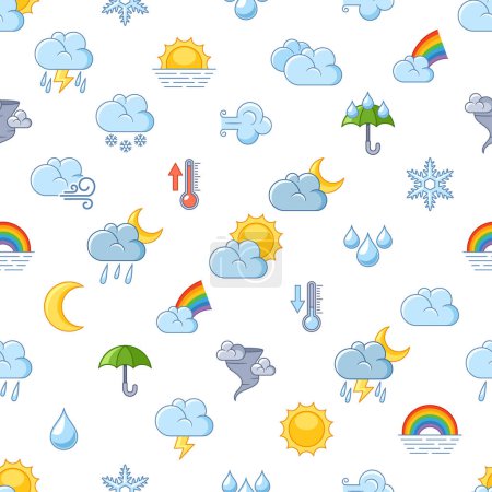 Illustration for Seamless Pattern Featuring Weather Forecast Icons Such As Sun, Clouds, Raindrops, And Snowflakes, Beautifully Repeating To Bring Meteorological Charm To Any Design Project. Cartoon Vector Illustration - Royalty Free Image