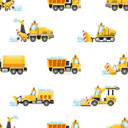 Illustration for Seamless Pattern Featuring Snowplow Machines. Grader, Truck, Loader Vehicles Clearing A Wintry Landscape, Creating A Symphony Of Snow Removal, Winter-themed Design. Cartoon Vector Tile Background - Royalty Free Image