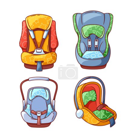 Ilustración de Colección de sillas de coche para niños, proporcione un viaje seguro y cómodo para los niños. Diseñados con características apropiadas para la edad, garantizan la seguridad y la conveniencia durante los paseos en automóvil. Ilustración de vectores de dibujos animados - Imagen libre de derechos