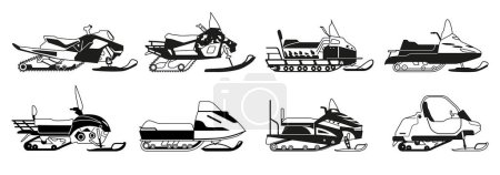 Illustration for Black and White Snowmobiles. Winter Vehicles For Navigating Snow-covered Terrain, Feature Skis At The Front And A Continuous Rubber Track At The Rear For Mobility In Snowy Conditions. Vector Set - Royalty Free Image