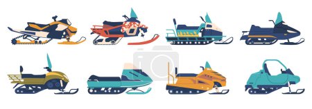 Illustration for Snowmobiles Set, Motorized Vehicles For Snow Travel. They Feature Skis In The Front And A Continuous Track At The Rear, Providing Efficient Mobility In Snowy Terrain. Cartoon Vector Illustration - Royalty Free Image