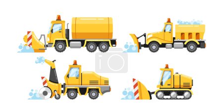 Illustration for Heavy Snowplow Transport Maintaining Safe Road Conditions During Winter Storms. Truck-mounted Plows, Graders And Specialized Snow Removal Equipment Ensure Efficient Snow Clearance. Vector Illustration - Royalty Free Image