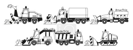 Illustration for Black and White Heavy Snowplow Transport, Equipped To Conquer Winter Wrath, Braving The Storm, Clear The Icy Path, Ensuring Safe Passage Through The Snow-covered Landscape. Monochrome Vector Set - Royalty Free Image
