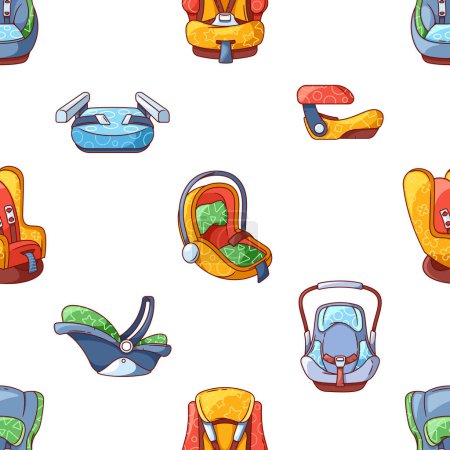 Illustration for Playful Seamless Pattern Featuring Booster And Children Car Seats In A Vibrant Array Of Colors And Designs, Perfect For Young Passengers Safety And Style. Cartoon Vector Tile Background - Royalty Free Image