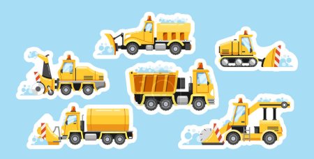 Illustration for Set of Stickers with Heavy Snowplow Transport. Truck-mounted Plows, Snowcat, Grader Vehicles, And Snow Blower Machines Ensure Efficient Snow Removal And Safe Winter Roads. Cartoon Vector Patches - Royalty Free Image
