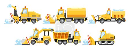 Illustration for Heavy Snowplow Transport Set. Truck-mounted Plows, Snowcat Vehicles, And Snow Blowers Specialized Machines Ensure Efficient Snow Removal And Safe Winter Travel On Roads. Cartoon Vector Illustration - Royalty Free Image