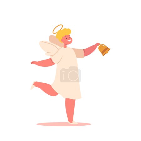 Téléchargez les illustrations : Doux ange chérubin avec des joues roses, Halo et un sourire doux, sonnant une cloche d'or. Le personnage mignon de Kawaii répand joie et chaleur avec le charme céleste. Illustration vectorielle des personnages de bande dessinée - en licence libre de droit