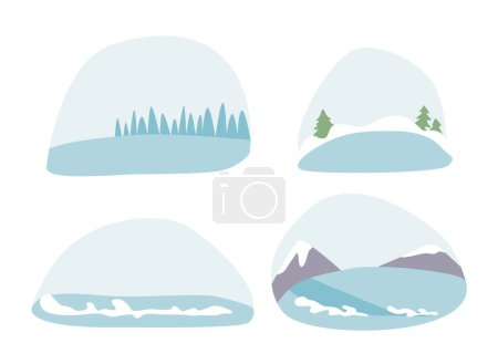 Illustration for Isolated Set of Serene Winter Landscapes, Adorned With Glistening Snow, Embraces A World In Hushed Stillness. Trees and Rocks Wear Icy Coats Under A Soft, Silver Sky. Cartoon Vector Illustration - Royalty Free Image