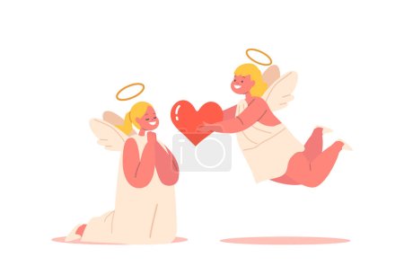 Illustration for Sweet Angelic Boy With A Heart Full Of Love Offers A Bright Red Heart To His Angelic Companion, Characters Conveying Affection And Tenderness In A Celestial Embrace. Cartoon People Vector Illustration - Royalty Free Image