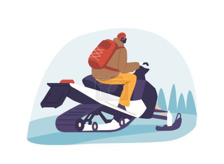 Illustration for Man Skillfully Maneuvers A Snowmobile Through The Pristine Winter Landscape, Leaving A Trail Of Powder In His Wake. Male Character Riding Winter Vehicle Rear View. Cartoon People Vector Illustration - Royalty Free Image