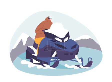 Illustration for Male Character Roaring Through Icy Terrain On A Snowmobile. Man Conquers The Snowy Expanse, Adrenaline And Frosty Winds Create A Thrilling Symphony Of Speed And Winter Magic. Vector Illustration - Royalty Free Image