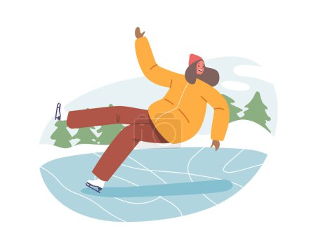 Illustration for Unhappy Woman Character Slips On The Icy Rink, Her Face Contorted With Dismay As A Graceful Twirl Turns Into An Unexpected Tumble. Chilling Reminder Of Skating Risk. Cartoon People Vector Illustration - Royalty Free Image